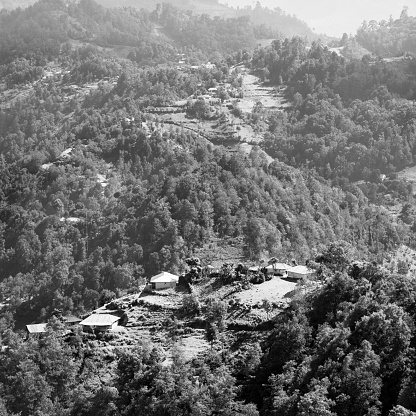 Landscape of rural village in the highlands of Guatemala in black and white