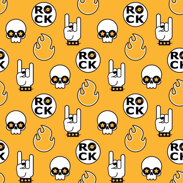 ilustrações de stock, clip art, desenhos animados e ícones de yellow vector seamless rock pattern with skull and hands - pop art skull backgrounds pattern