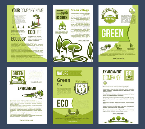 Ecology, green city, eco business poster template Ecology vector poster template set. Green city, eco nature park and environment protection banner, eco business and ecology gardening brochure with green tree and plant nature landscape energy conservation posters drawing stock illustrations