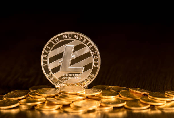 Single Litecoin coin on smaller golden coins MORGANTOWN, WV - 5 JANUARY 2018: Litecoin coin standing in a group of smaller golden coins to illustrate cybercurrencies litecoin stock pictures, royalty-free photos & images