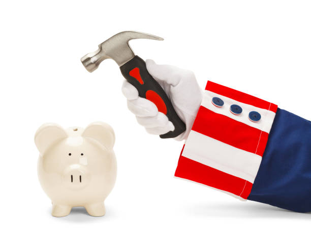 Uncle Sam Breaking the Bank President Breaking The Bank Isolated on White Background. uncle sam broke stock pictures, royalty-free photos & images