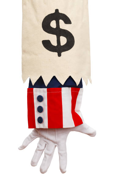 Uncle Sam No Money President Hand Breaking Through Bank Bag Isolated on White. uncle sam broke stock pictures, royalty-free photos & images