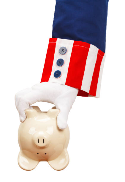 Uncle Sam with Piggy Bank President Holding Empty Piggy Bank Isolated on White Background. uncle sam broke stock pictures, royalty-free photos & images