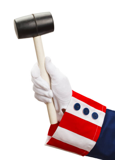 Uncle Sam with Rubber Mallet President Holding Rubber Mallet Isolated on White. uncle sam broke stock pictures, royalty-free photos & images