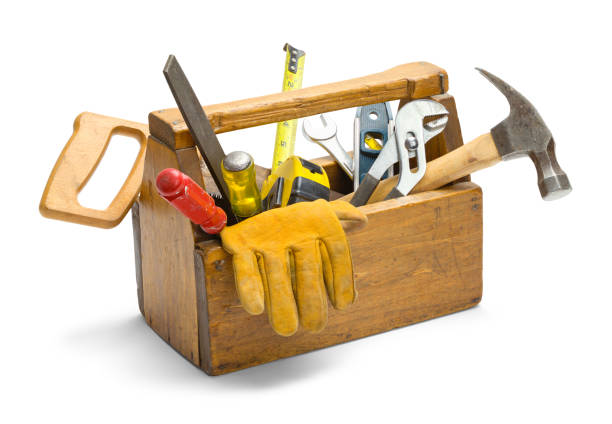 scatola utensili in legno - adjustable wrench wrench clipping path red foto e immagini stock