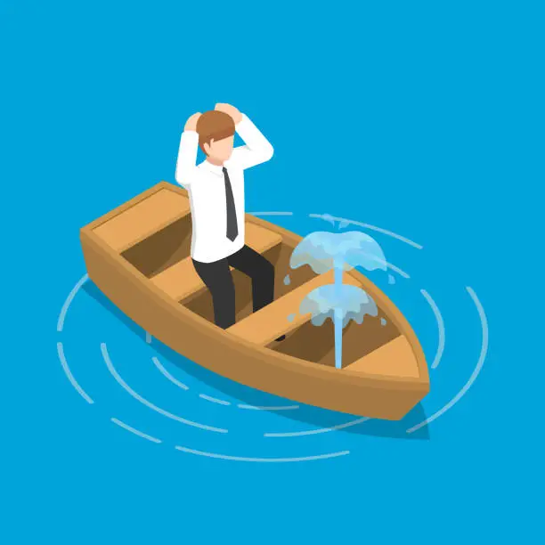 Vector illustration of Isometric businessman sitting in leaking boat.