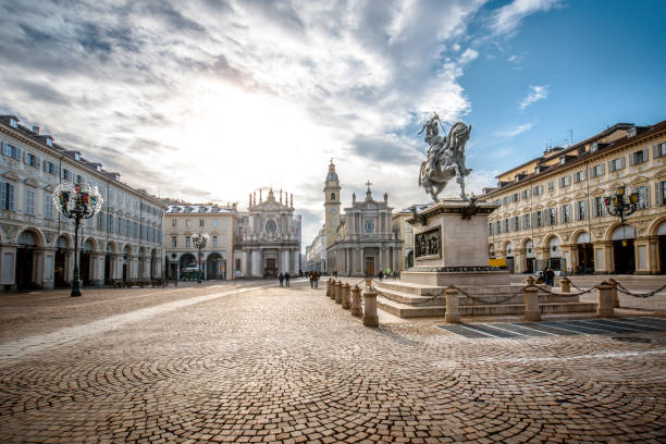 main view of san carlo square and twin churches, turin - architectural styles animal horse europe imagens e fotografias de stock