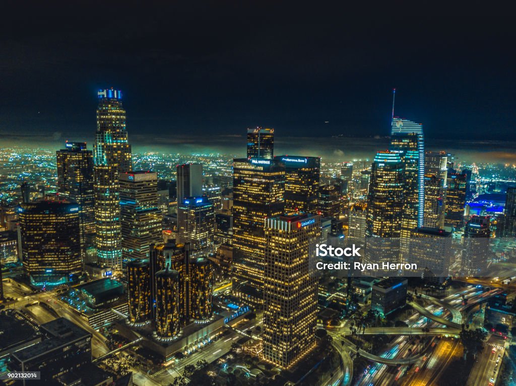 Aerial View of Downtown Los Angeles at Night Aerial View Stock Photo