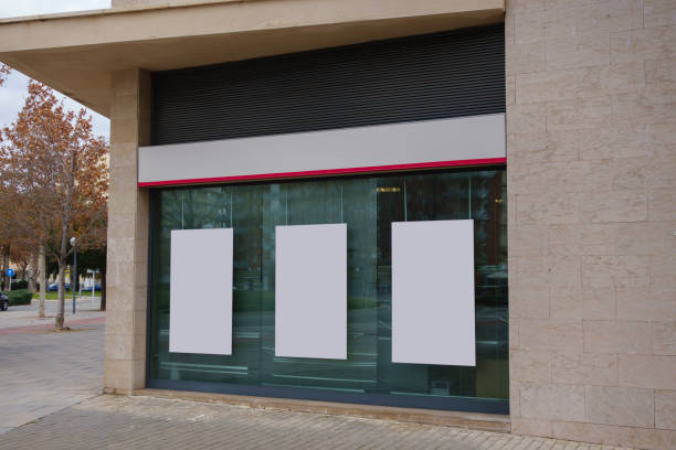 Blank office showcase with hanging billboards mock up