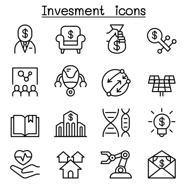 Business investment icon set in thin line style Business investment icon set in thin line style mutual fund stock certificate stock market isolated stock illustrations