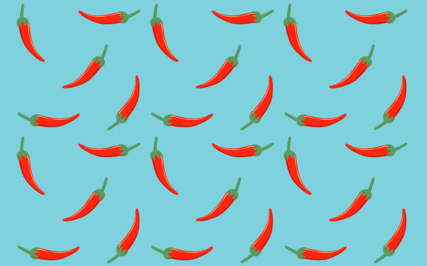 bezszwowy wzór gorącej czerwonej papryczki chili w płaskiej budowie ikon na niebieskim tle - chili pepper spice thailand food stock illustrations