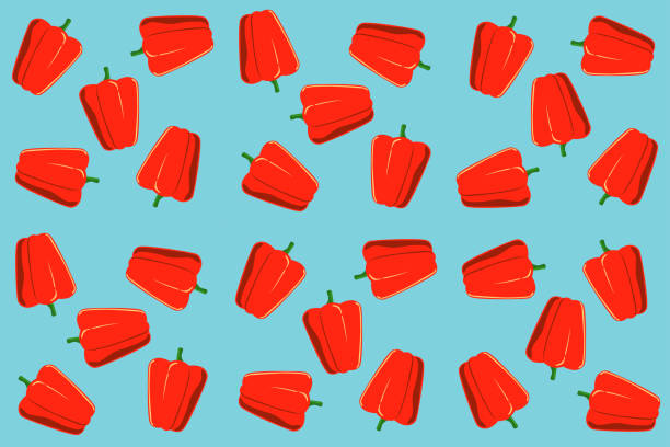 bezszwowy wzór słodkiej czerwonej papryki w płaskiej budowie ikon na niebieskim tle - chili pepper spice thailand food stock illustrations