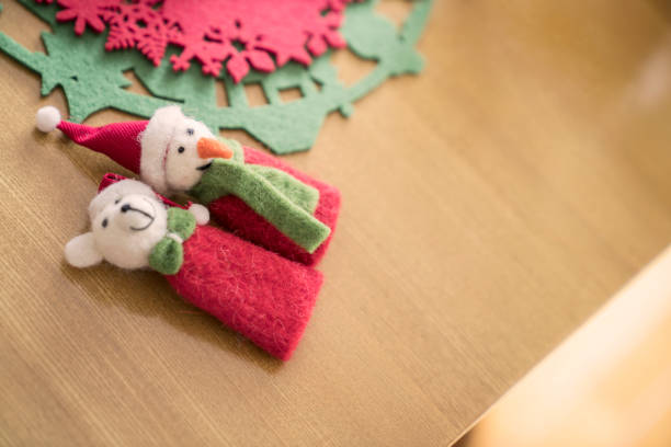 Miniature bear snow man and white reindeer and Christmas tree on white background, Happy Christmas card background idea