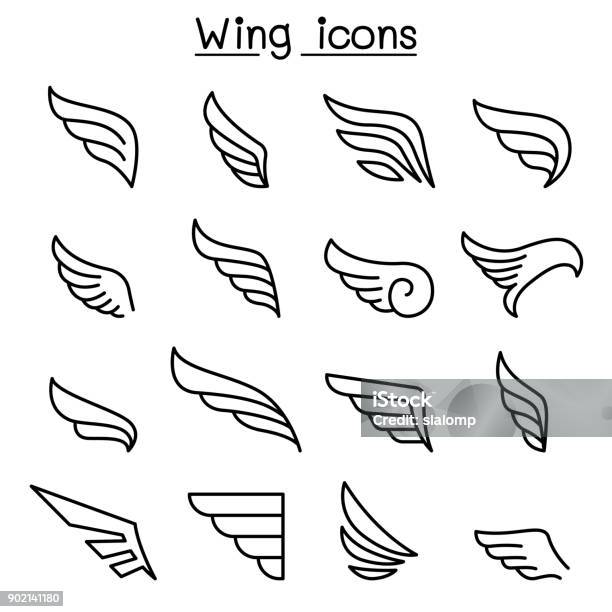 Wing Icon Set In Thin Line Style Stock Illustration - Download Image Now - Animal Wing, Angel, Outline