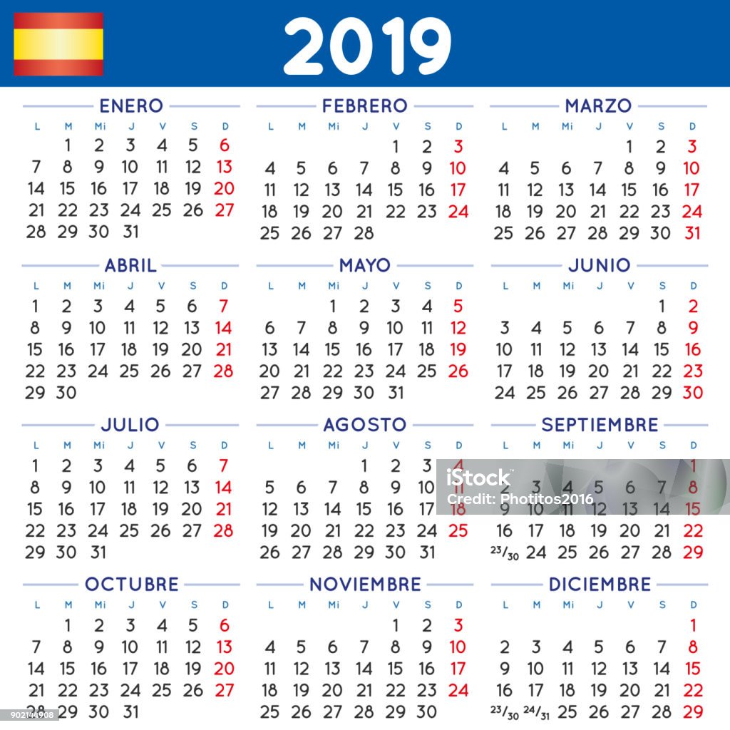Year 2019 squared calendar spanish week starts on monday 2019 elegant squared calendar in spanish. Year 2019 calendar. Calendar 2019. calendario 2019. week starts on monday Personal Organizer stock vector