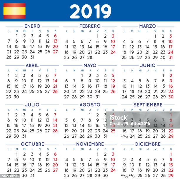 Year 2019 Squared Calendar Spanish Week Starts On Monday Stock Illustration - Download Image Now