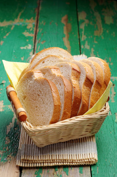 istock Slices white bread in a basket on table 902148386