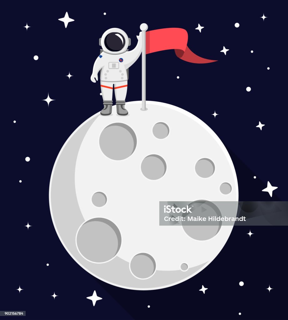 astronaut on top of the moon Flat Design astronaut with flag Icon Moon Surface stock vector