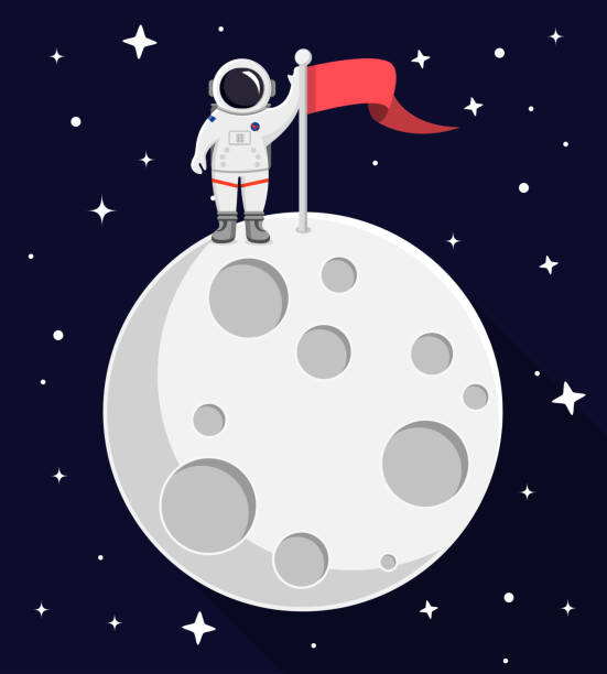 astronaut on top of the moon Flat Design astronaut with flag Icon moon stock illustrations