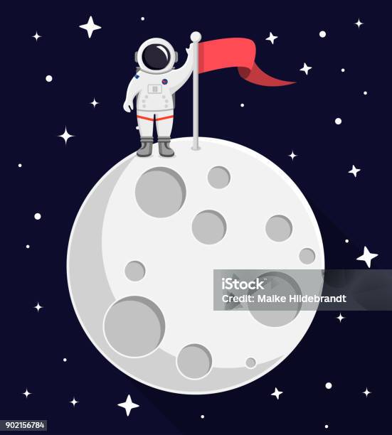 Astronaut On Top Of The Moon Flat Design Stock Illustration - Download Image Now - Moon Surface, Moon, Planetary Moon
