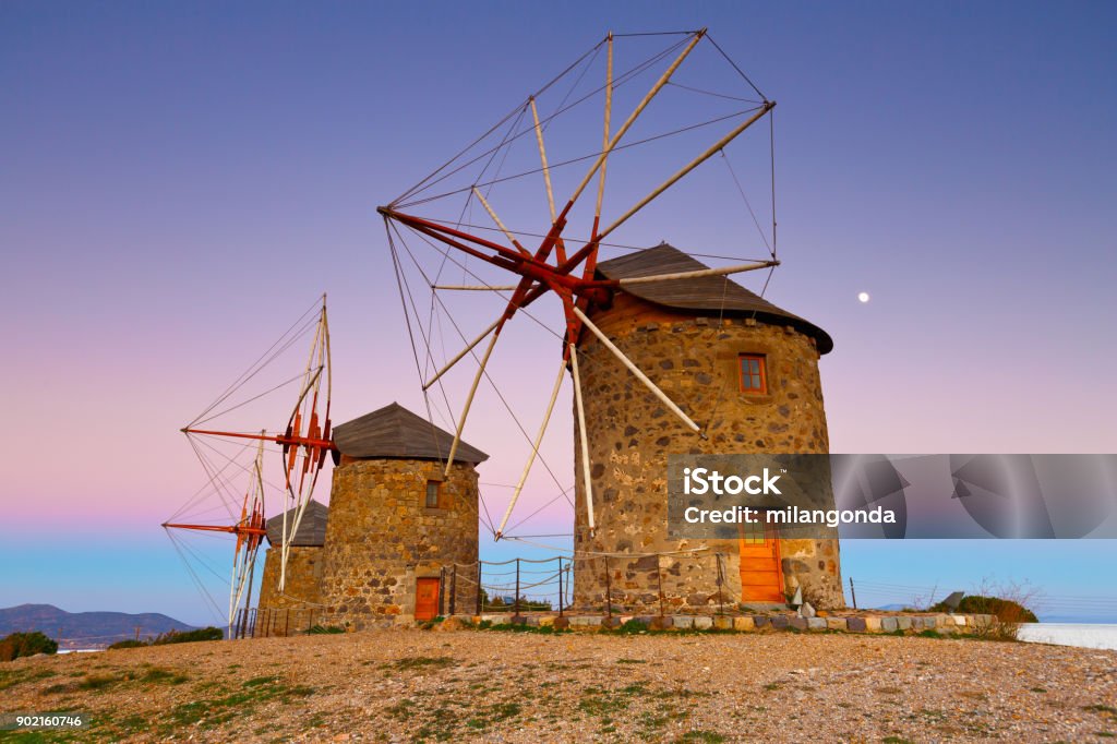 Patmos island. Windmills near Chora village on Patmos island in Dodecanese archipelago. Patmos Stock Photo