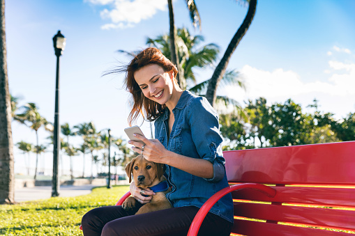 Woman with his Labrador puppy during a beautiful day at the park in Miami Beach..