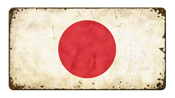 panneau métallique vintage sur fond blanc - drapeau du japon - rust free photos et images de collection