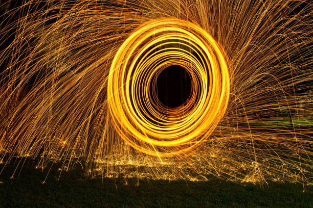 istock Burning steel wool spin in circles to make patterns in the night 902171338