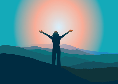 Woman with hands up on the top of mountain. Vector illustration. Blue Ridge Mountains, North Carolina, USA.