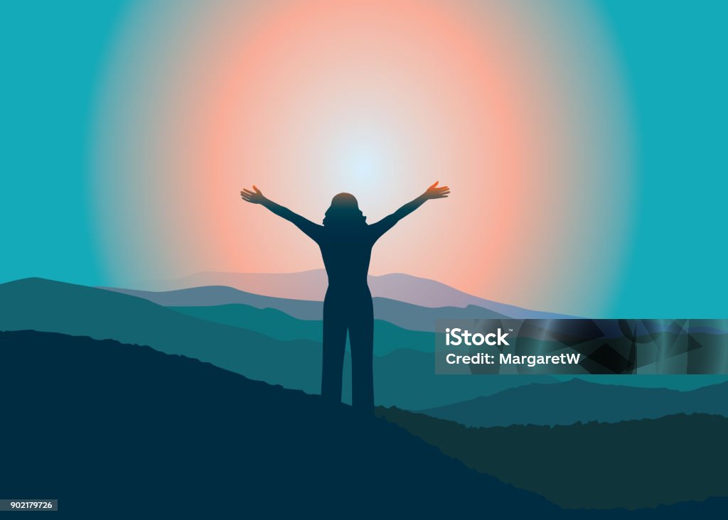Happy girl with raised hans  on the top of mountain. Woman with hands up on the top of mountain. Vector illustration. Blue Ridge Mountains, North Carolina, USA. In Silhouette stock vector