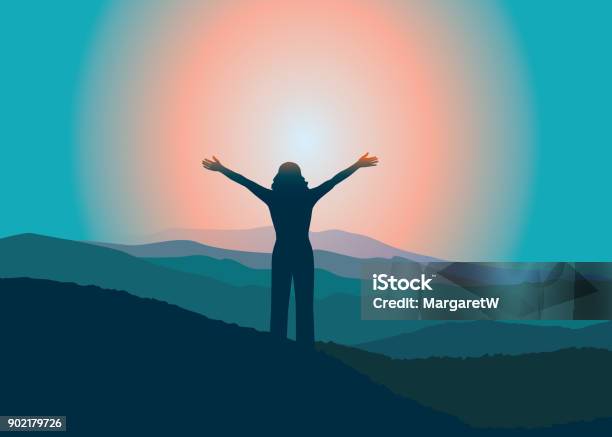 Happy Girl With Raised Hans On The Top Of Mountain Stock Illustration - Download Image Now