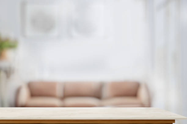 istock Top marble table in living room. Empty space for product display montage. 902187524