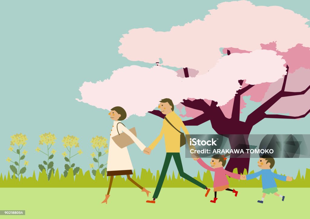 Een familie trekking. Lente landschap. Afbeelding van de lente. Kersenbloesem en familie. - Royalty-free Actieve levenswijze vectorkunst Een familie trekking. Lente landschap. Afbeelding van de lente. Kersenbloesem en familie. - Royalty-free Actieve levenswijze vectorkunst