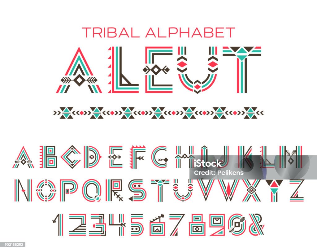 Tribal Aleut alphabet Tribal Aleut alphabet. Native Historic Cyrillic set of letters and figures, traditional ethnic characters in style of customs and traditions of Alaska culture. Vector illustration Typescript stock vector