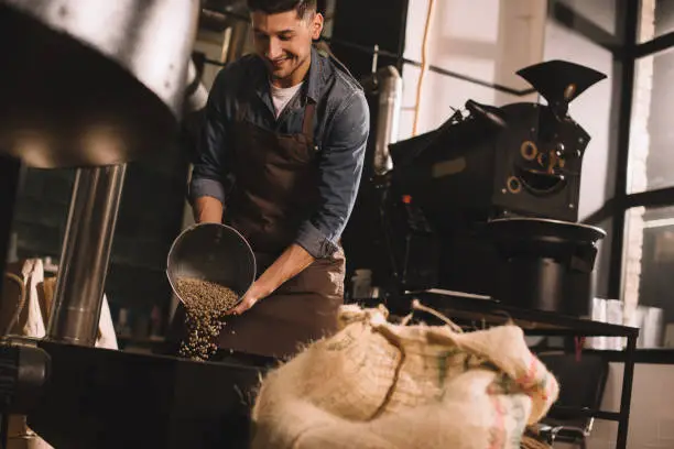 Photo of coffee roaster pouring coffee beans into roasting machine