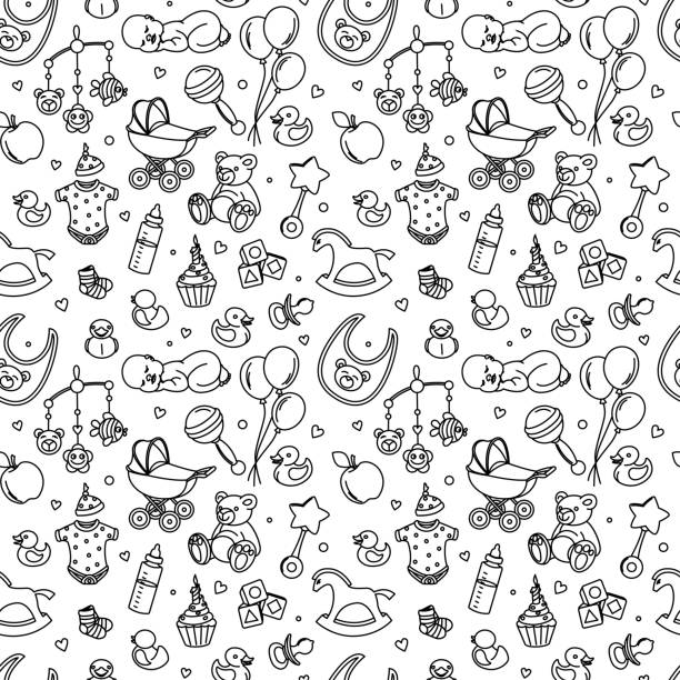 ilustrações de stock, clip art, desenhos animados e ícones de newborn baby shower seamless pattern boy girl birthday celebration party - child horse design symbol