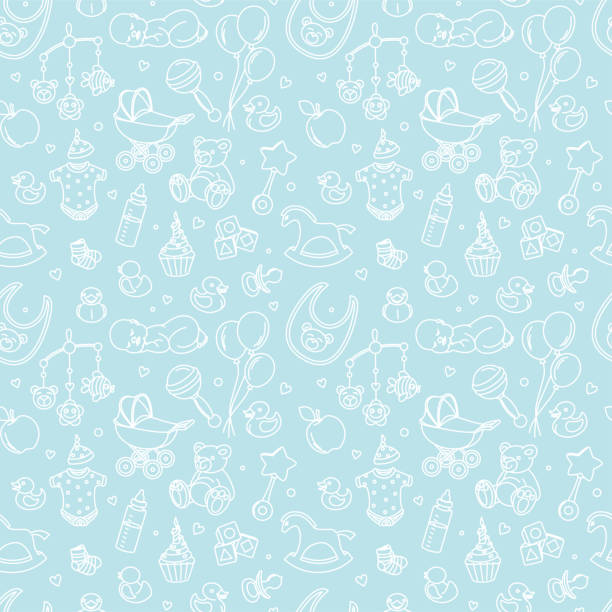 Newborn baby shower seamless pattern boy girl birthday celebration party Newborn baby shower seamless pattern for textile, print, greeting cards, wrapping paper, wallpaper. For boy or girl birthday celebration party. Vector illustration design line scetch stile pregnant patterns stock illustrations