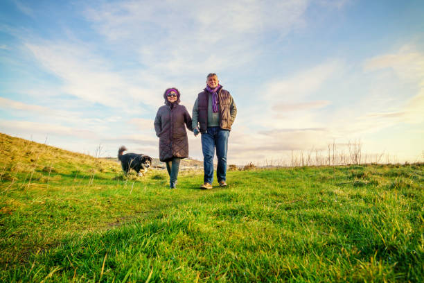 istock Senior couple walking on countryside path in winter 902199686