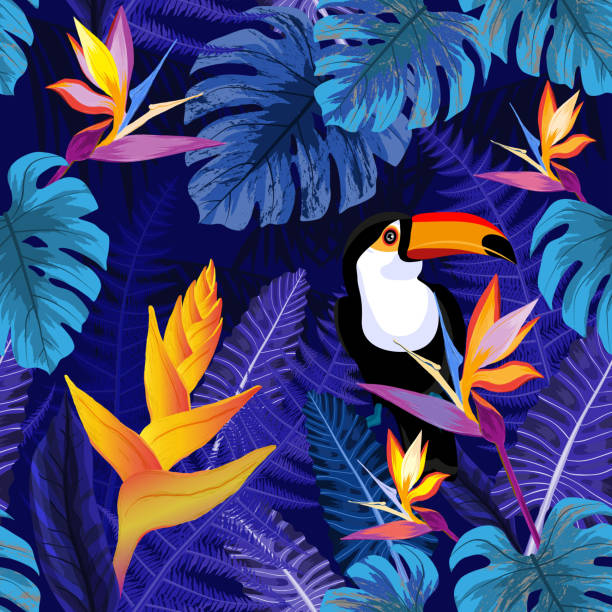 ilustraciones, imágenes clip art, dibujos animados e iconos de stock de patrón transparente con flores y pájaro tucán - plant animal backgrounds nature
