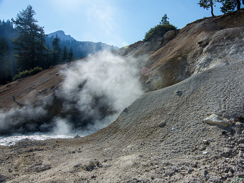 Sulphur works boiling mudpot, Lassen Volcanic National Park, USA. This is one of the hydrothermal tourist spots in the park, along the main park road, easy access to tourists