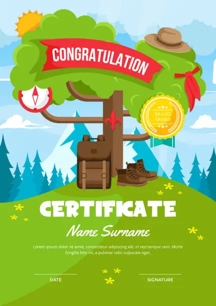 Vector illustration of Cute Children Scout Adventure Camp Certificate Of Achievement And Appreciation Template