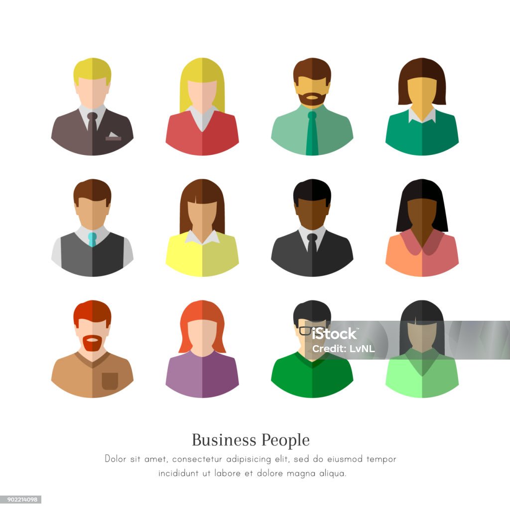 Diverse business people in flat design Ethnically diverse business people in colorful flat design. Isolated icon set on white background. Icon Symbol stock vector
