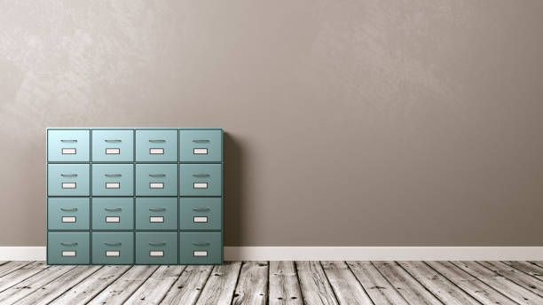 Metallic Archive Rack on Wooden Floor Against Grey Wall with Copyspace 3D Illustration