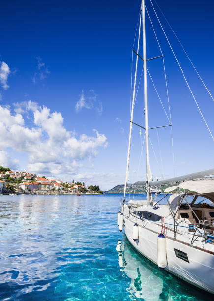 Beautiful bay in Mediterranean sea Beautiful bay with sailing boat, Croatian islands hvar photos stock pictures, royalty-free photos & images
