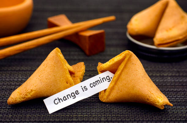 istock Paper strip with phrase Change is coming from fortune cookie, another cookie and chopsticks on black napkin background. 902218104