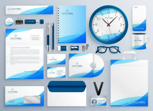 Vector illustration of modern blue business stationery vector template set
