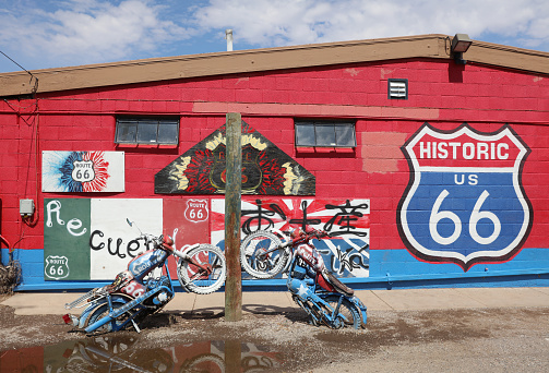 Seligman, USA - July 9, 2017: Decorations in the city of Seligman in Arizona at the historic Route 66 on July 9, 2017. The historic route 66 is now Freeway 40.