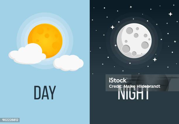 Night And Day Flat Design Stock Illustration - Download Image Now - Moon, Planetary Moon, Moon Surface