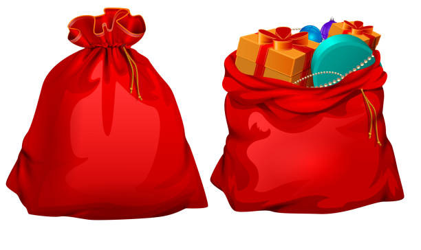 ilustraciones, imágenes clip art, dibujos animados e iconos de stock de regalo completo abierto y cerrado la bolsa de santa claus rojo - gift santa claus christmas present christmas