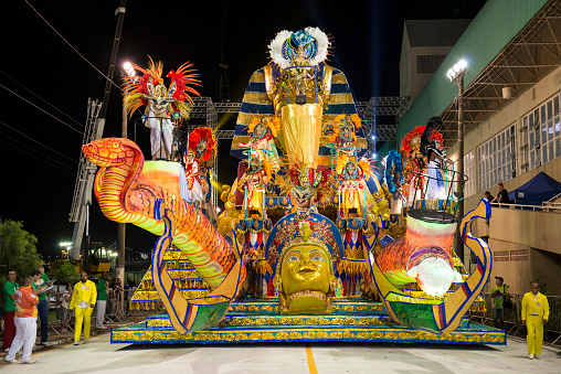 Florianópolis, Brazil - March 02, 2014: View of a 'carro alegórico' from a local samba school called 'Embaixada Copa Lord', performing during the 2014 Carnaval Parade in Florianópolis, Santa Catarina State - Brazil